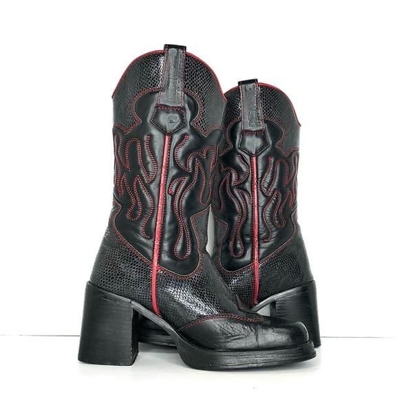 Vintage Destroy Snake Print Square Toe Cowgirl Platform Boots Women’s 40 Shoes - Picture 5 of 11